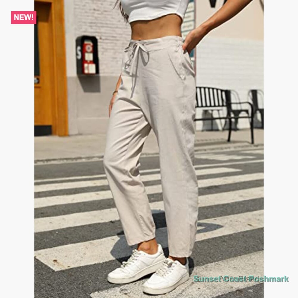 Linen Tapered Pants High Waisted Drawstring Casual Joggers - Picture 2 of 7